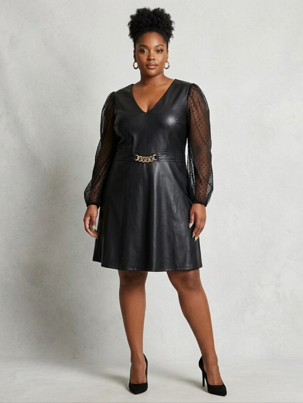 Ashley Stewart Faux Leather Dress Plus Size 22/24 Black Sheer Polka Dot Sleeve